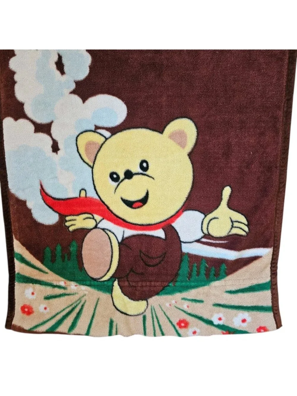 VTG Bear With Scarf Mink Baby Blanket Kids Brown 39x55 Inches Velvet Trim